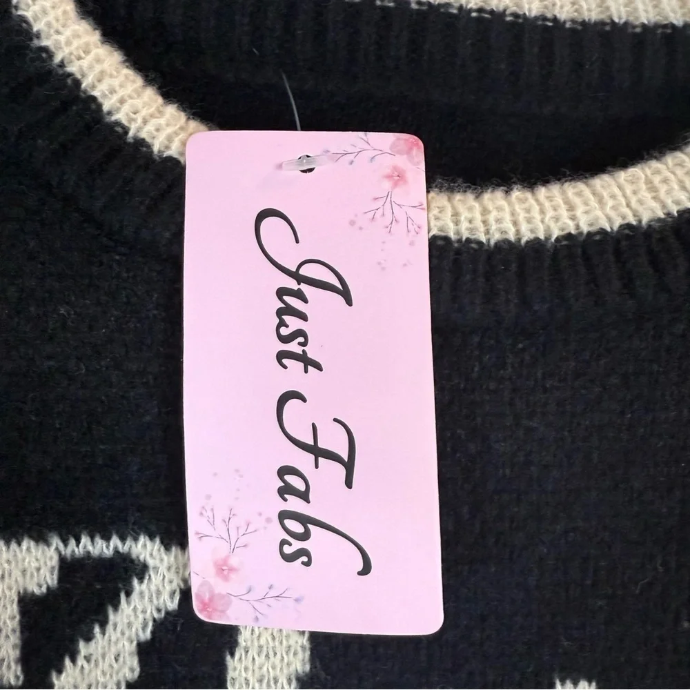 JustFab Black and Cream Knit Sweater Size: M teddy bear sweater